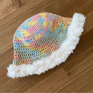 Handmade Crochet Bucket Hat Pastel Cotton with Faux Fur Trim Small Child Size